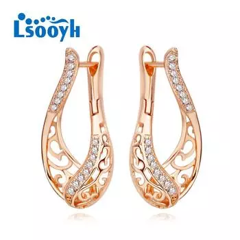 LSOOYH серьги-клипсы цвета розового золота, модные серьги для женщин с кубическим цирконием, полые обручи, длинные серьги-капли, ювелирные изделия A