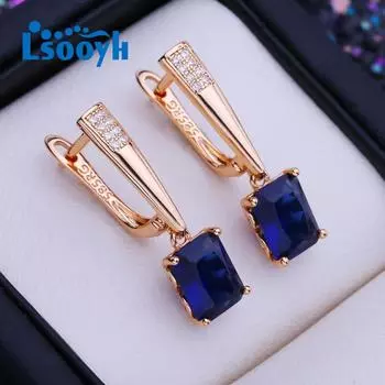 LSOOYH серьги-клипсы цвета розового золота, модные серьги для женщин, синий кубический цирконий, полые обручи, длинные серьги-капли, ювелирные изделия A