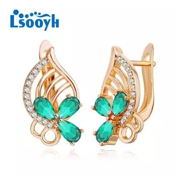 LSOOYH серьги-клипсы цвета розового золота, модные серьги для женщин, полые зеленые серьги-гвоздики с кубическим цирконием, ювелирные изделия A