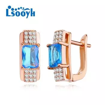 LSOOYH серьги-клипсы цвета розового золота, модные серьги для женщин, квадратные синие серьги с кубическим цирконием, полые серьги-гвоздики, ювелирные изделия A