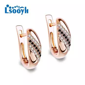 LSOOYH серьги-клипсы цвета розового золота, модные серьги с цветком для женщин, геометрические черные серьги-кольца с кубическим цирконием, ювелирные изделия A