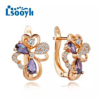 LSOOYH серьги-клипсы цвета розового золота, модные серьги для женщин, серьги-гвоздики с бабочкой, черный кубический цирконий, полые серьги-гвоздики с цветком, ювелирные изделия A