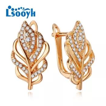 LSOOYH серьги-клипсы цвета розового золота, модные серьги для женщин, серьги-гвоздики с геометрическим листом и кубическим цирконием, ювелирные изделия A