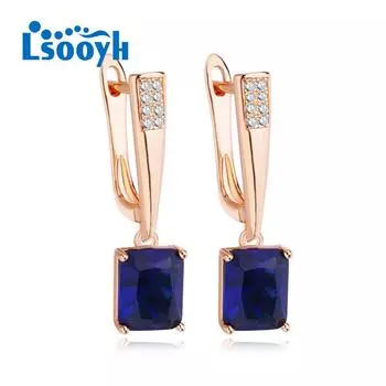 LSOOYH серьги-клипсы цвета розового золота, модные серьги для женщин, синий кубический цирконий, полые обручи, длинные серьги-капли, ювелирные изделия A