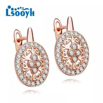 LSOOYH серьги-клипсы цвета розового золота, модные серьги с цветком для женщин, серьги-кольца с полым цирконием, ювелирные изделия A