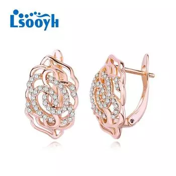 LSOOYH серьги-клипсы с цветком розы, модные серьги цвета розового золота для женщин, серьги-гвоздики с полым цирконием, ювелирные изделия A