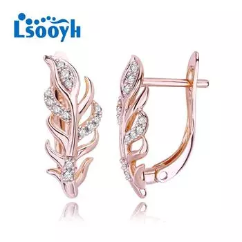 LSOOYH серьги-клипсы с перьями цвета розового золота, модные серьги для женщин, геометрические полые серьги-гвоздики с кубическим цирконием, ювелирные изделия A