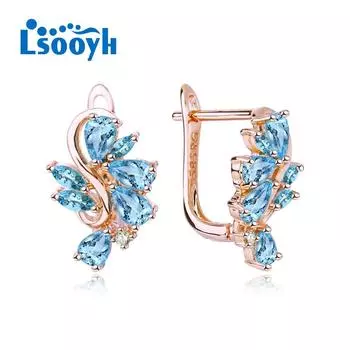 LSOOYH серьги-клипсы с синими перьями цвета розового золота, модные серьги для женщин, геометрические полые серьги-гвоздики с кубическим цирконием, ювелирные изделия A