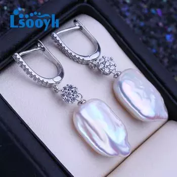 LSOOYH серьги с натуральным пресноводным белым большим жемчугом в стиле барокко для женщин, модные серьги с культивированным жемчугом серебряного цвета, свадебные украшения белый