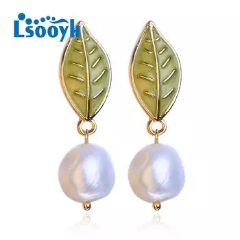LSOOYH серьги с натуральным пресноводным жемчугом, модные длинные серьги в виде листьев для женщин, ювелирные изделия с жемчугом gold белый