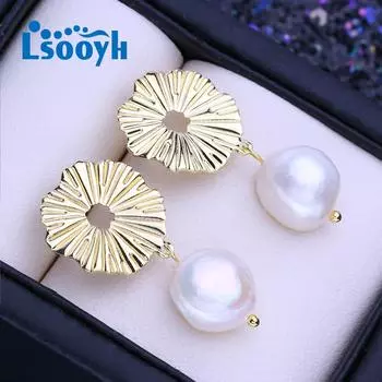LSOOYH серьги с натуральным пресноводным белым большим жемчугом в стиле барокко для женщин, модные серьги с культивированным жемчугом золотого цвета, свадебные украшения золотой