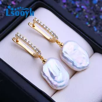 LSOOYH серьги с натуральным пресноводным белым большим жемчугом в стиле барокко для женщин, модные длинные серьги с культивированным жемчугом золотого цвета белый