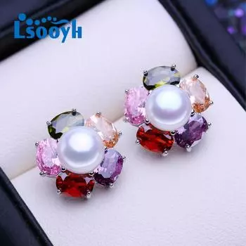 LSOOYH серьги с натуральным пресноводным жемчугом для женщин, модные серьги-гвоздики золотого цвета, зеленые и красные вечерние украшения белый