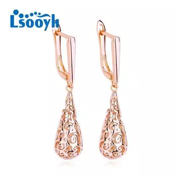 LSOOYH серьги с перьями цвета розового золота, модные серьги для женщин, полые длинные серьги-капли, ювелирные изделия A