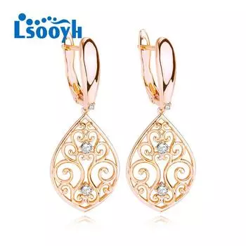 LSOOYH серьги с перьями цвета розового золота, модные серьги для женщин, длинные серьги-капли с полым цирконием, ювелирные изделия A