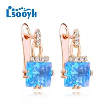 LSOOYH серьги с перьями цвета розового золота, модные серьги для женщин, полые синие серьги-гвоздики с кубическим цирконием, ювелирные изделия A