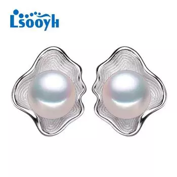 Серьги геометрической формы с натуральным жемчугом розовый