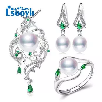 LSOOYH зеленый кристалл Феникс пресноводный жемчуг ожерелье серьги кольцо жемчуг роскошные комплекты ювелирных изделий Resizable белый