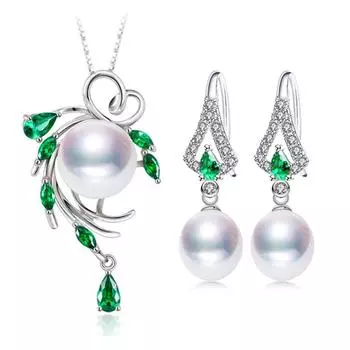 LSOOYH Зеленый Кристалл Пресноводный Жемчуг Длинные Серьги Ювелирные Наборы Цирконий Лист Ожерелье белый