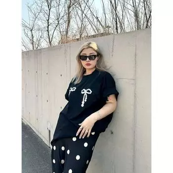 Ltgirl Черно-белый свободный принт с бантом Black All yards