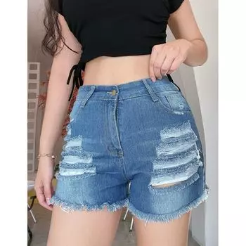 Лю Мэймэй Рваные Джинсовые Шорты Плюс Сайз Сине-Серые Модные Свободного Кроя Сексуальные Амой 2023 Футляр Облегающие С Завышенной Талией Blue L