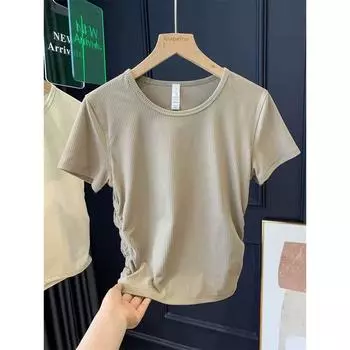 Lu Same Style All It Takes Yoga Short Sleeve Women s Lightweight Rib High Elastic Short Tight Workout Exercise T-shirt Khaki S