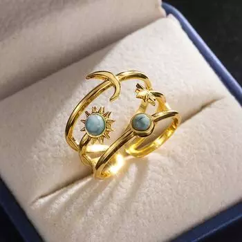 [Любимое клиентом] Элегантное регулируемое кольцо из нержавеющей стали с бирюзовой инкрустацией - дизайн со звездами, луной и солнцем для женщин | Идеально подходит для свадеб золотистый