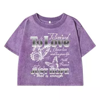 Любить Просто Надежда Милый принт Женская Стирка Короткая Футболка Удобный Короткий Рукав Прохладный Потертый Открывающий Живот Круглый Вырез Одежда M