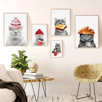 Любитель кошек Забавные кошки Торт Тост Круассан Плакат Животное Хипстер Картина Холст Печать Настенное Искусство Домашний Декор Для Кофейни Бар Спальня Без Рамки 21*30cm No Frame