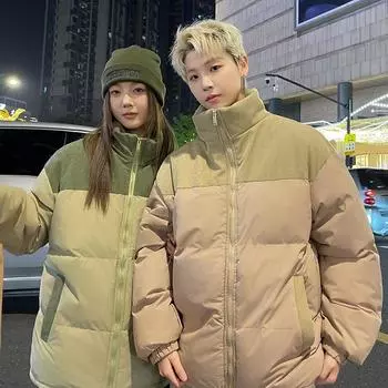 Любители спорта хлопчатобумажная подкладка мужская зимняя новая модная марка толстый хлебный костюм воротник стойка повседневное пальто с хлопчатобумажной подкладкой S