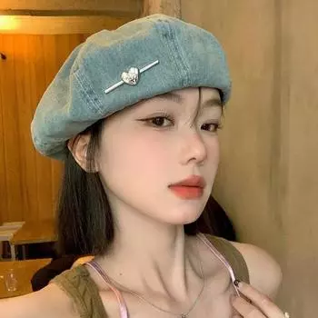 Люблю берет из сине-белой джинсовой ткани, шляпу для новостной девочки, дышащую восьмиугольную шляпу художника, большую окружность головы, показывающую лицо, маленькую шляпу Adjustable