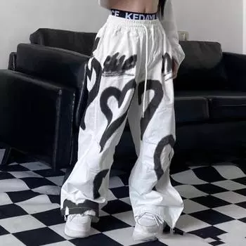 Люблю широкие брюки для девочек Y2K эластичные брюки с высокой талией в уличном стиле свободные брюки для бега на шнурке повседневные спортивные штаны 160cm чёрный