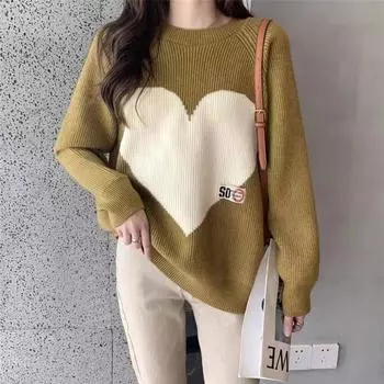 Люблю Жаккардовый свитер-пуловер для женщин, осень и зима, уменьшающий возраст, свободный свитер с круглым вырезом, толстая ленивая повседневная базовая рубашка, тренд One Size темные хаки