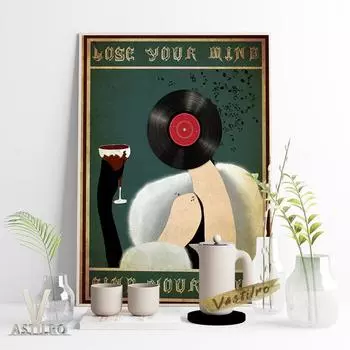 Любовь Музыка Девушка Пить Вино Виниловый Художественный Принт Плакат Виниловая Пластинка Коллаж Наклейка На Стену Бар Клуб Холст Картина 21cm30cm NoFrame