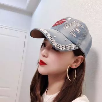 Любовь Сердце Блестки Звезда Солнцезащитная шляпа Губы Летняя джинсовая кепка Модная бейсболка со стразами для девочек light blue-love