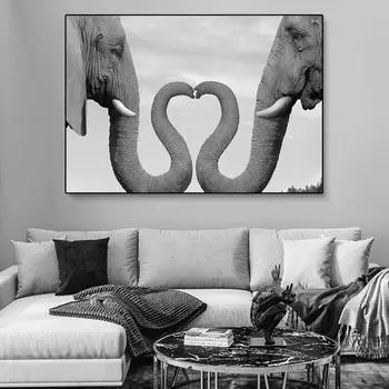 Любовь Сердце Слоны Холст Картина Современные Черно-Белые Африканские Животные Настенная Роспись Плакат Печать Офис Спальня Гостиная Домашний Декор Куадрос 20x30cm No Frame белый