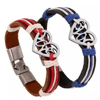 Любовник Пара Полое Сердце Любовь Вязаный Кожаный Браслет Манжеты Из Сплава Браслет С Пряжкой синий