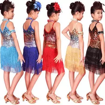 Лучшая цена для детей, платье для латинских бальных танцев с блестками, детская танцевальная одежда для девочек, платье с бахромой L