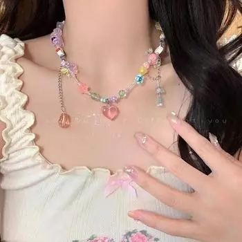 Лучшая возлюбленная: Летнее ожерелье с подвеской «Любовь» из разноцветных бусин «Допамин» – милый аксессуар для ключицы для девочки Heart Pendant Necklace