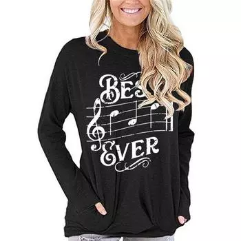 Лучшая женская футболка с музыкальным принтом и длинным рукавом, свободная футболка с рисунком музыкальных нот, женская модная рубашка, женские футболки, женские футболки S чёрный