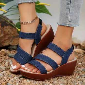 Лучшие продажи новых женских босоножек на танкетке, летние босоножки больших размеров на платформе с высоким каблуком, повседневные удобные нескользящие римские сандалии 36 синий