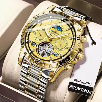 Лучшие роскошные автоматические механические часы с турбийоном, водонепроницаемые, светящиеся, дата, неделя, мужские наручные часы с хронографом из нержавеющей стали, мужские часы золотой