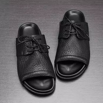 Лучшие роскошные мужские тапочки из натуральной кожи, удобные, прохладные, лето 2024, популярные, новые, мужские пляжные сандалии из мягкой кожи, черные 6 чёрный