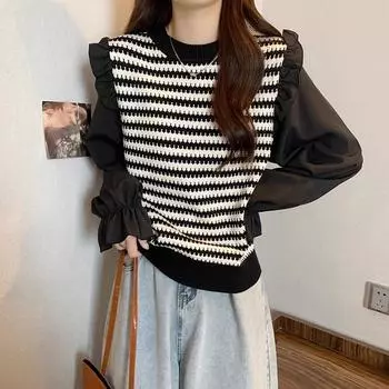 Лучшие женские осенние полосатые тонкие поддельные топы из двух частей с длинными рукавами, удобные топы с круглым вырезом L чёрный