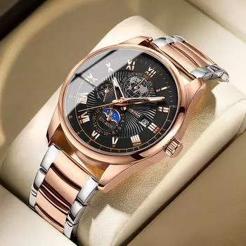 Лучший бренд, деловые часы, мужские кварцевые часы, водонепроницаемые спортивные часы из нержавеющей стали с календарем, светящимися стрелками чёрный/ярко-розовый