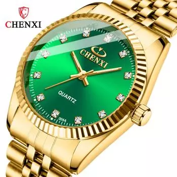 Лучший бренд класса люкс золотые мужские часы минимализм ретро зеленый нержавеющая сталь золотые мужские наручные часы CHENXI повседневные часы подарок