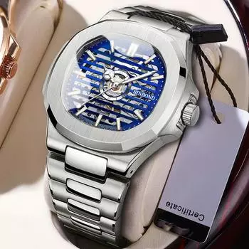 Лучший бренд, роскошные деловые черные технологические часы, мужские светящиеся полые автоматические механические часы из нержавеющей стали, водонепроницаемые чёрный