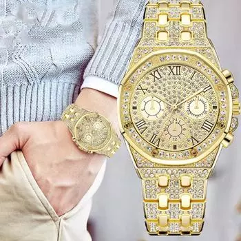 Лучший бренд, роскошные мужские кварцевые часы, модные мужские наручные часы с бриллиантами, лучшие подарки, часы для мужа, семьи, друга золотистый