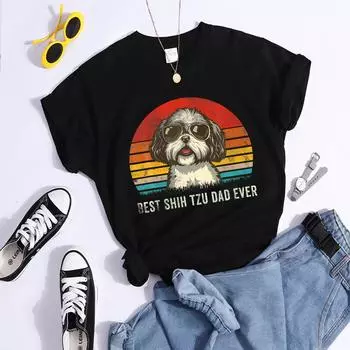 Лучший Ши-тцу Папа Когда-либо Kawaii Женские футболки Дышащие повседневные футболки Модные летние укороченные топы Мультяшные женские футболки S чёрный