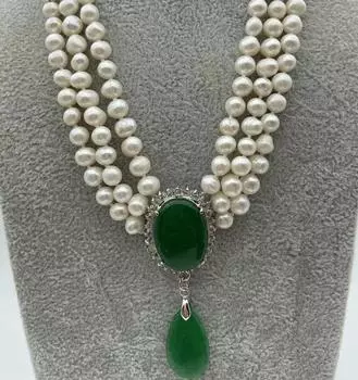 Лучший женский аксессуар, 3-рядное ожерелье с подвеской из белого жемчуга 7-8 мм и зеленого нефрита